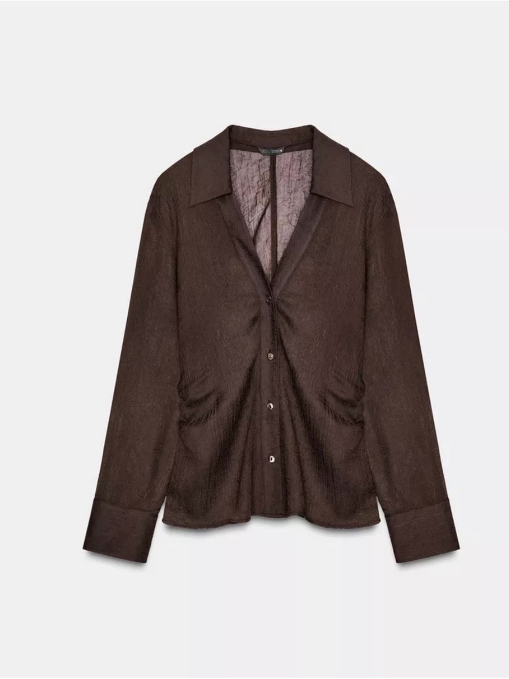 Zara Dark Brown Semi Sheer Button-Front Blouse